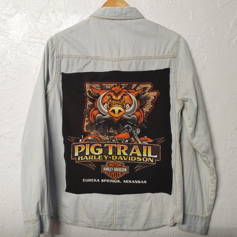 Harley Davidson upcycled pearl snap denim